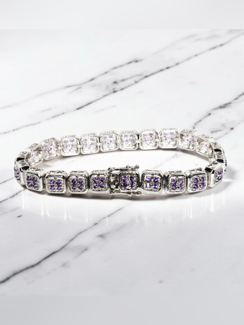 925 Sterling Silver Natural Amethyst Tennis Bracelet Purple Cluster 2.10ctw NWT